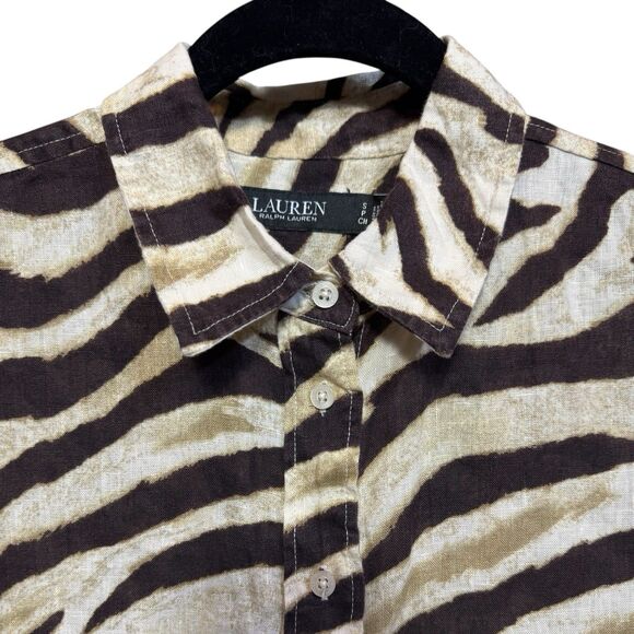 Lauren Ralph Lauren Linen Button Up Shirt Size S Zebra Print Long Sleeve Relaxed - Picture 7 of 11